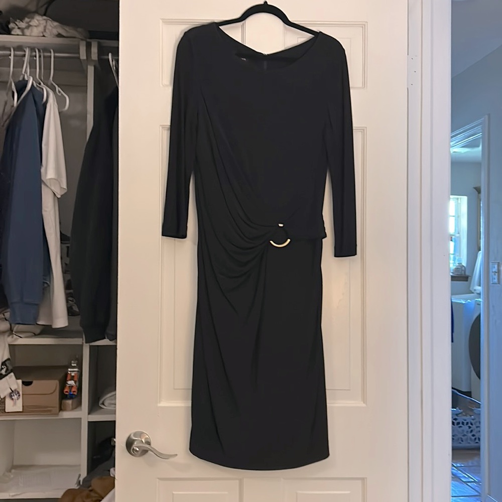 Escada long sleeved drape-front black dress with gold accent